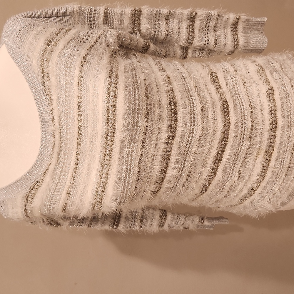 WHBM Women's Striped Fuzzy Silver Sweater